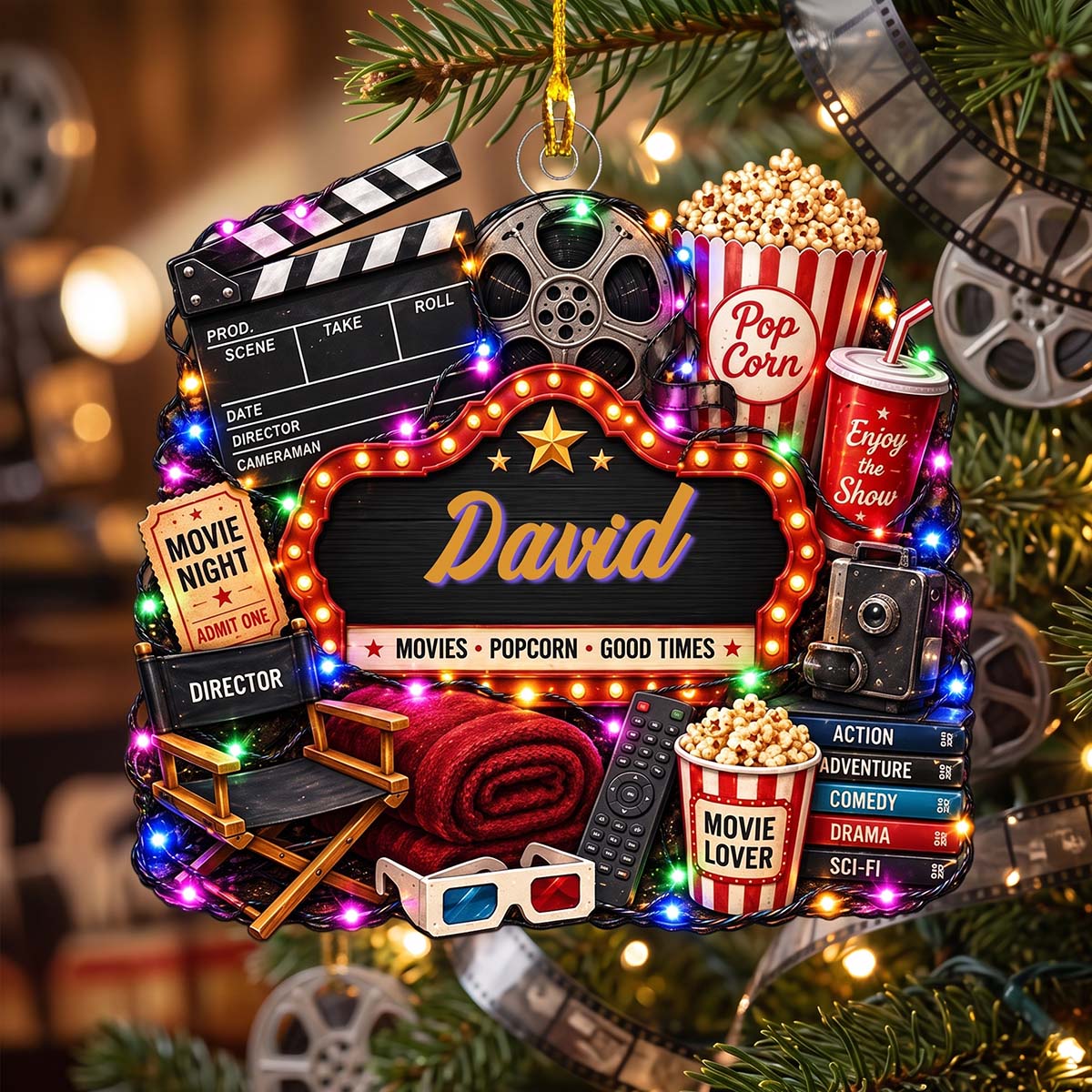 Personalized Watching Movies Christmas Acrylic Ornament - Movie Night For Cinema Lover