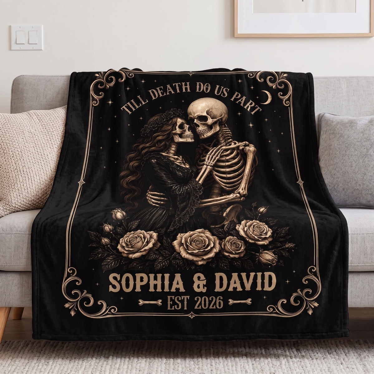 Personalized Spooky Gothic Skeleton Couple Blanket - Till Death Do Us Part - Halloween Gift