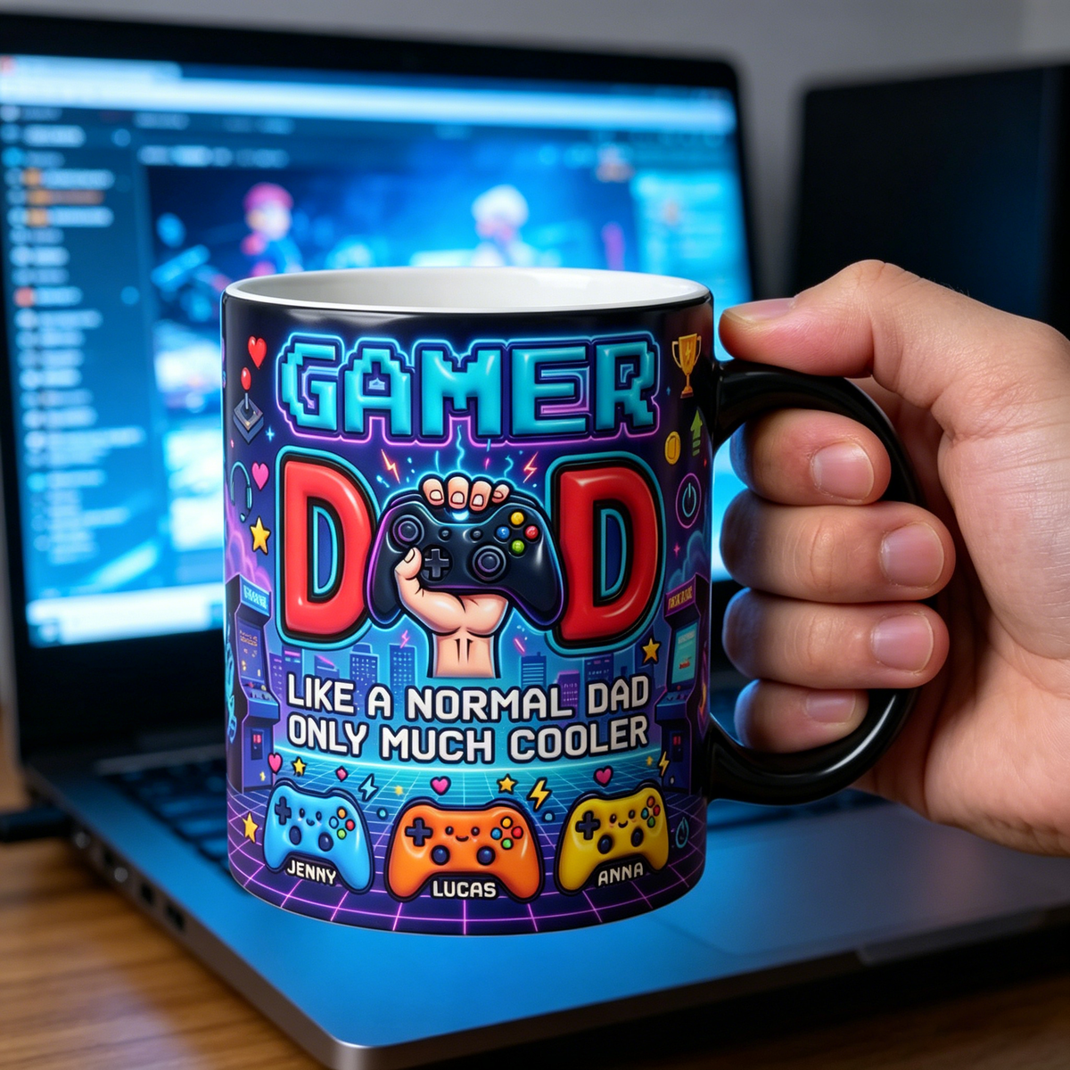 Personalized Mini Arcade Handheld Cyberpunk Mug With Kids Names - Father's Day Gift For Gamer Dad