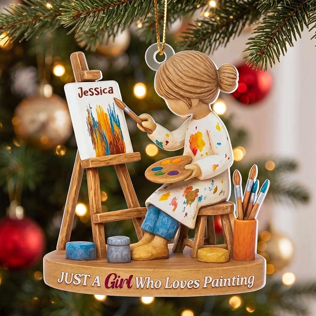 Girl Painting at an Easel - Personalized Christmas Acrylic Ornament For Artist