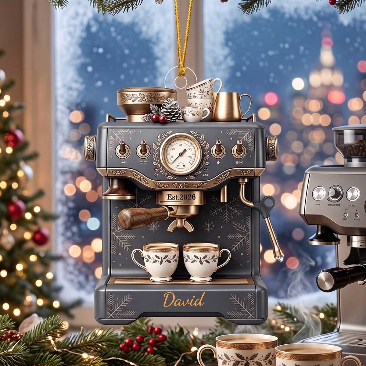 Personalized Espresso Machine Christmas Acrylic Ornament - Vintage Coffee Lover Baristas Keepsake Gift