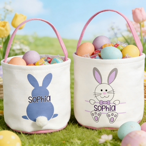 Personalized Canvas Easter Basket Bucket Bag with Bunny Design & Name | Baby First Easter Large Capacity Holiday Treat Bag Egg Hunt Bag For Kids