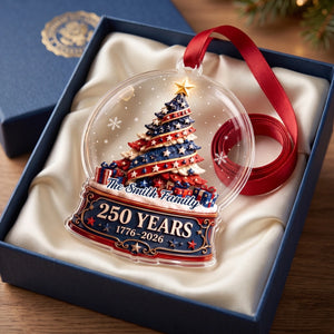 Personalized 250th America Snow Globe Christmas Acrylic Ornament - Patriotic Family Gift
