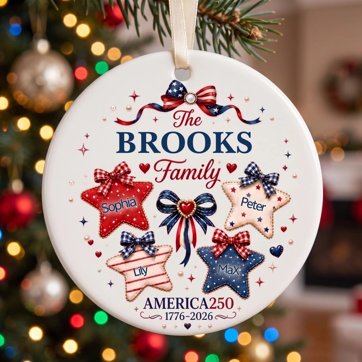 Personalized USA 250th Ceramic Christmas Ornament With Names - 2026 Patriotic Family Gift