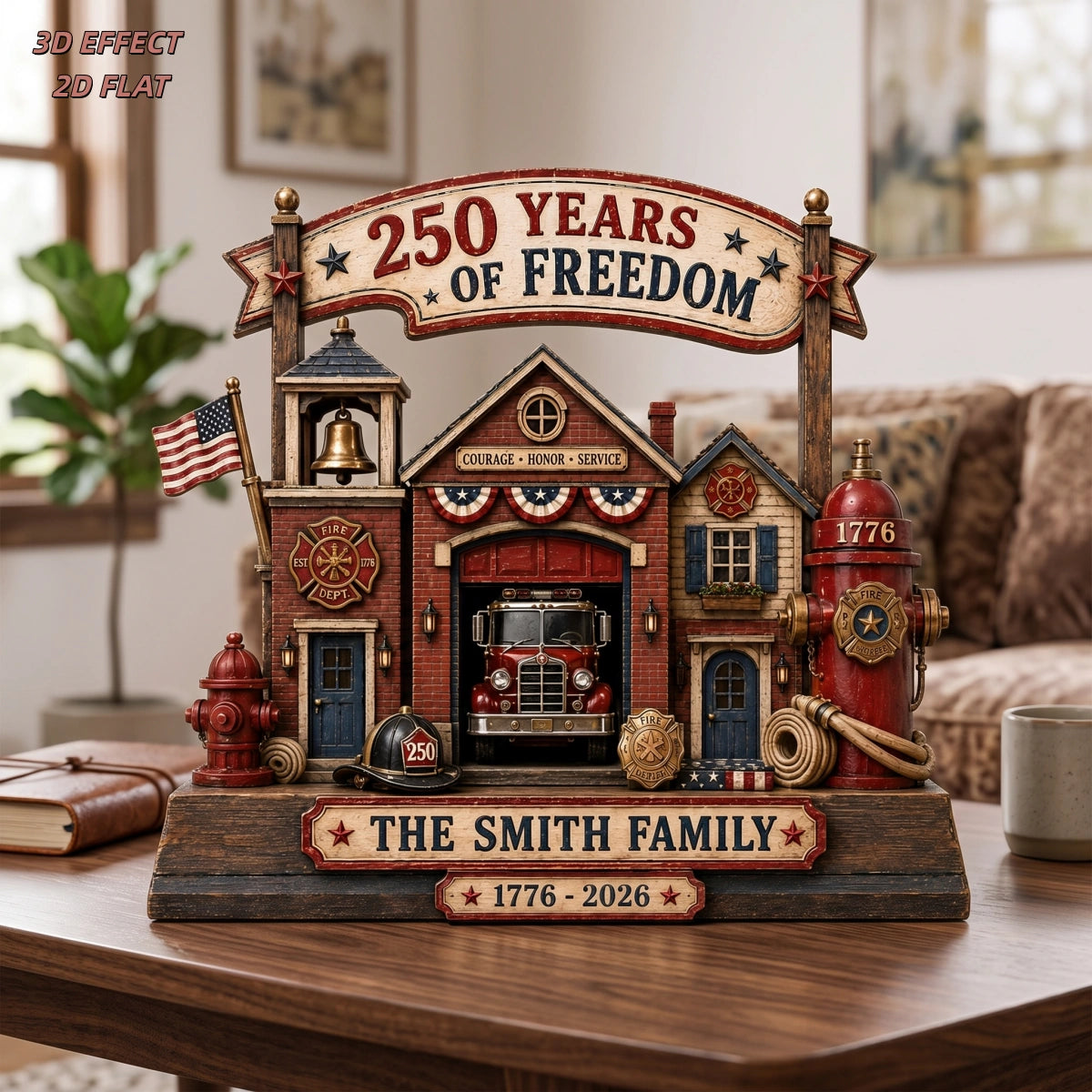 Custom Name Firefighter Family 250 Years Of Freedom Wooden Block | Patriotic Fire Station Decor