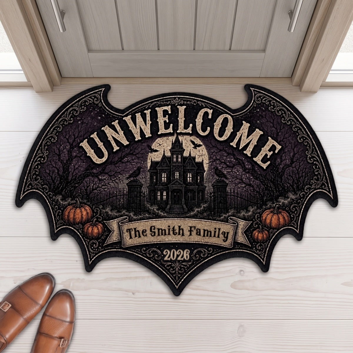 Personalized Bat Halloween Shaped Doormat - Gothic Haunted House Design - Unique Gift For Families