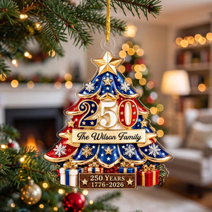 Personalized USA 250th Christmas Ornament With Family Name - Patriotic Tree Decor