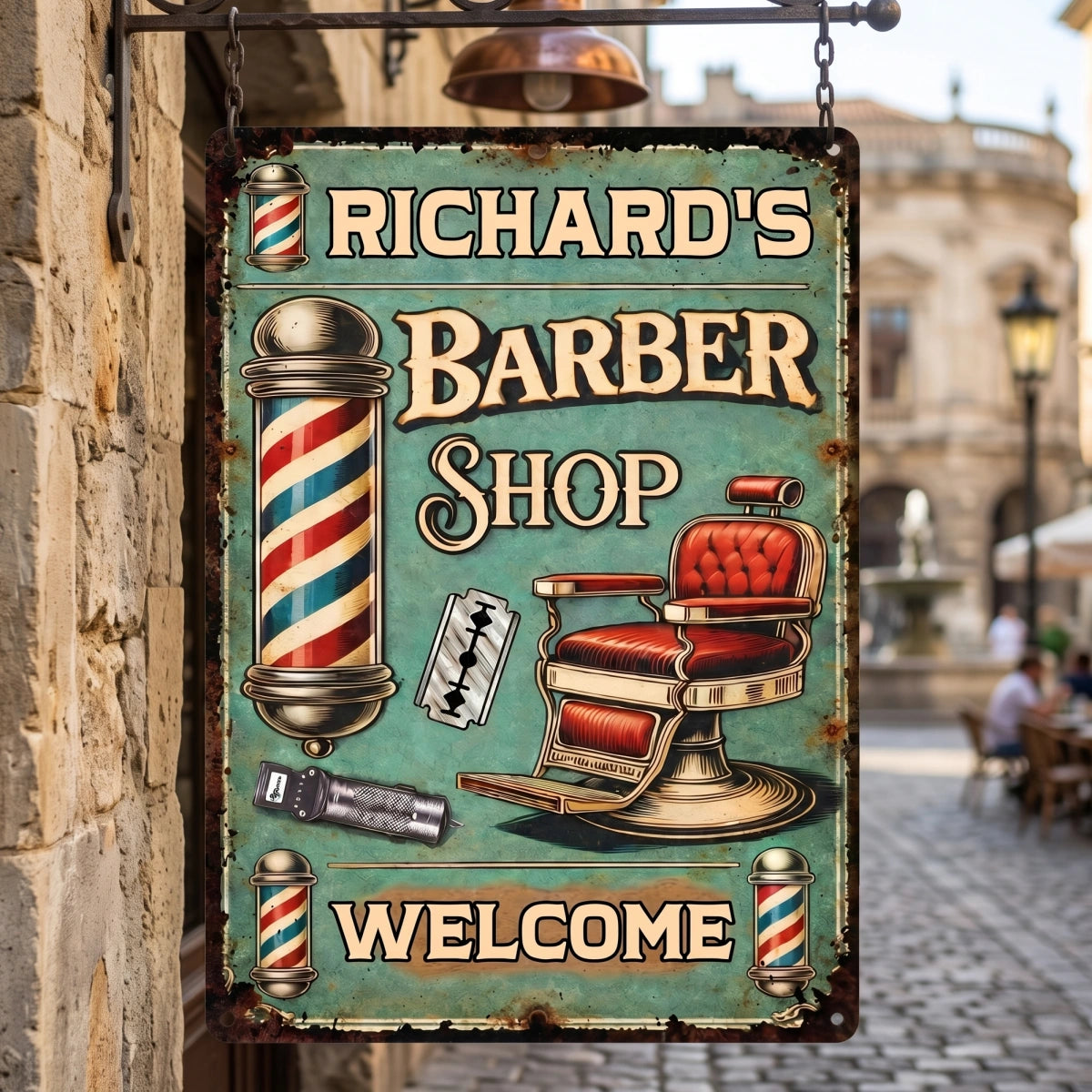 Welcome To Our Barber Shop - Personalized Name Metal Sign