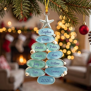 Personalized Sea Glass Christmas Tree Ornament - Custom 1-13 Names - Beach Theme Family Gift