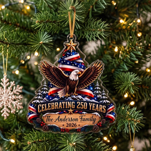 Custom Family Name USA 250th Christmas Ornament - American Eagle Patriotic Gift