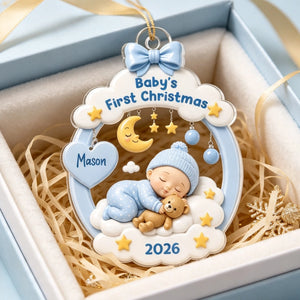 Personalized Baby's First Christmas Acrylic Ornament - Sleeping Kid Moon Stars - Gift For New Parents