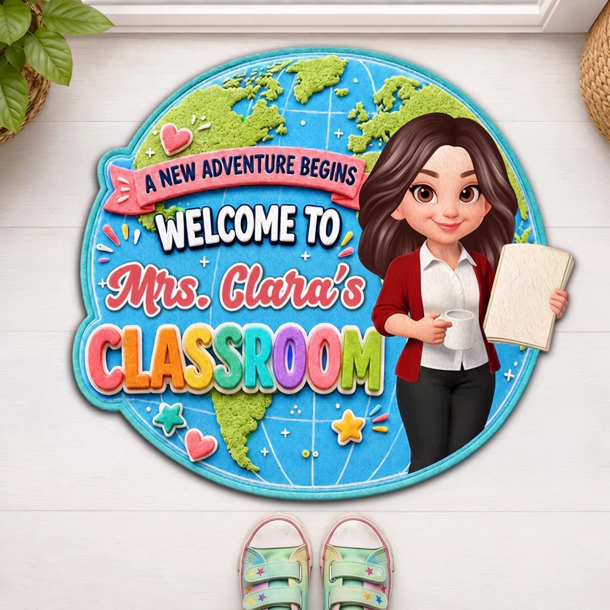 Personalized Name Shaped Doormat - Globe Classroom Welcome Design - Back To School Teacher Gift