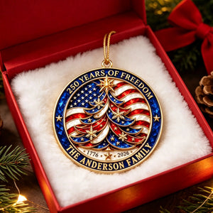 Personalized USA 250th Flag Christmas Ornament - Custom Family Name Patriotic Gift