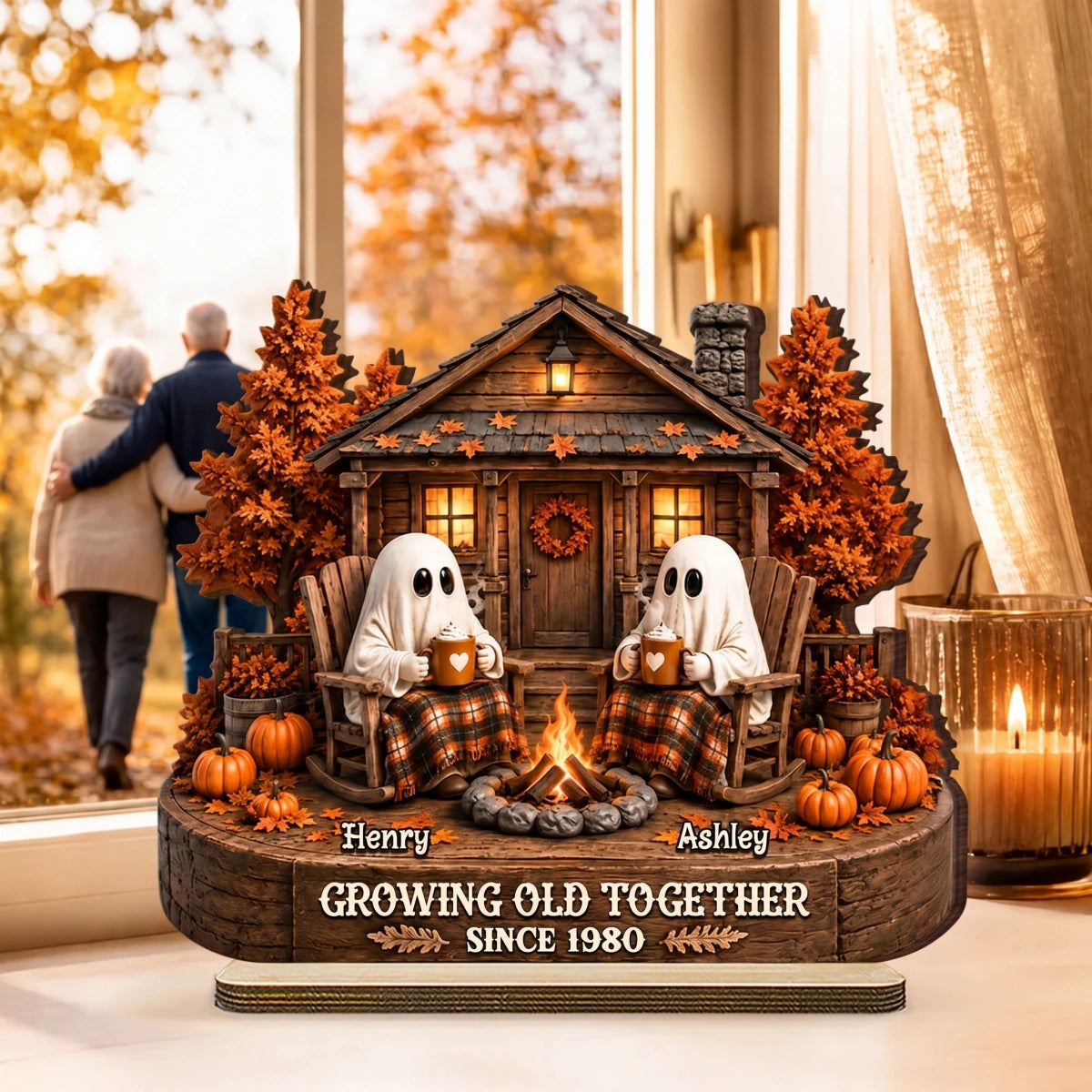 Personalized 2-Layer Ghost Couple Wooden Plaque - Growing Old Together Halloween Decor Gift