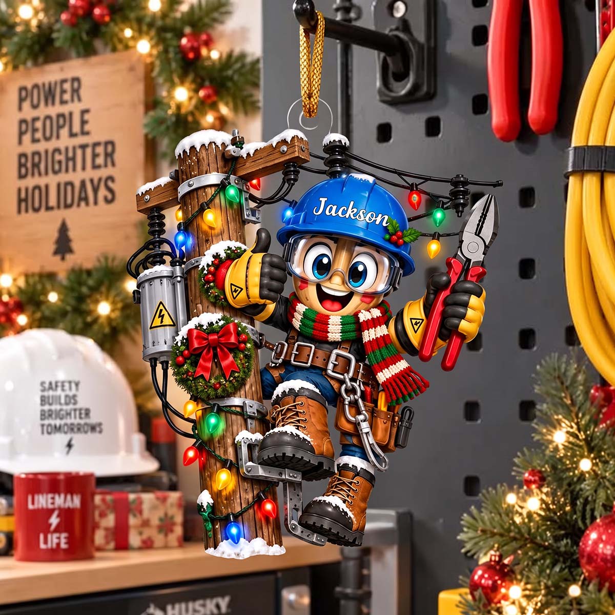 Personalized Lineman Christmas Ornament - Electric Pole Climbing Gift