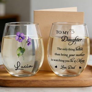 Customized Stemless Wine Glass With Flower & Name - Mother's Day Keepsake For Mothers