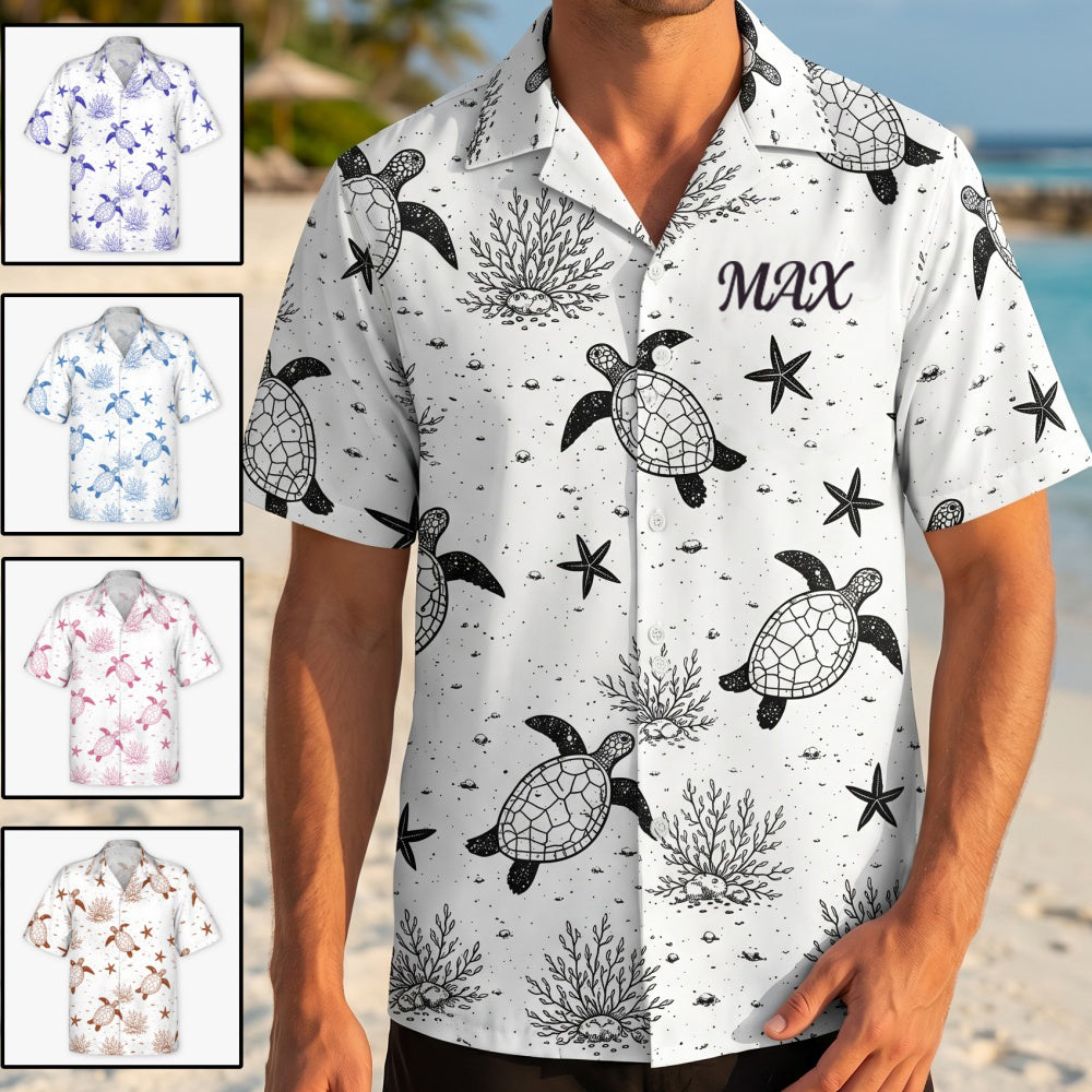 Personalized Name Hawaiian Shirt With Sea Turtle & Starfish Graphic For Summer Beach Vacation