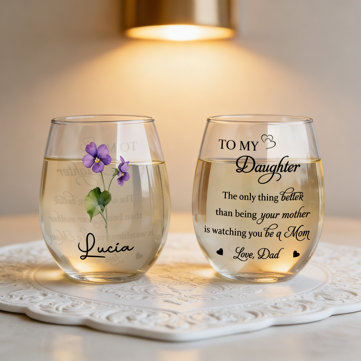 Customized Stemless Wine Glass With Flower & Name - Mother's Day Keepsake For Mothers