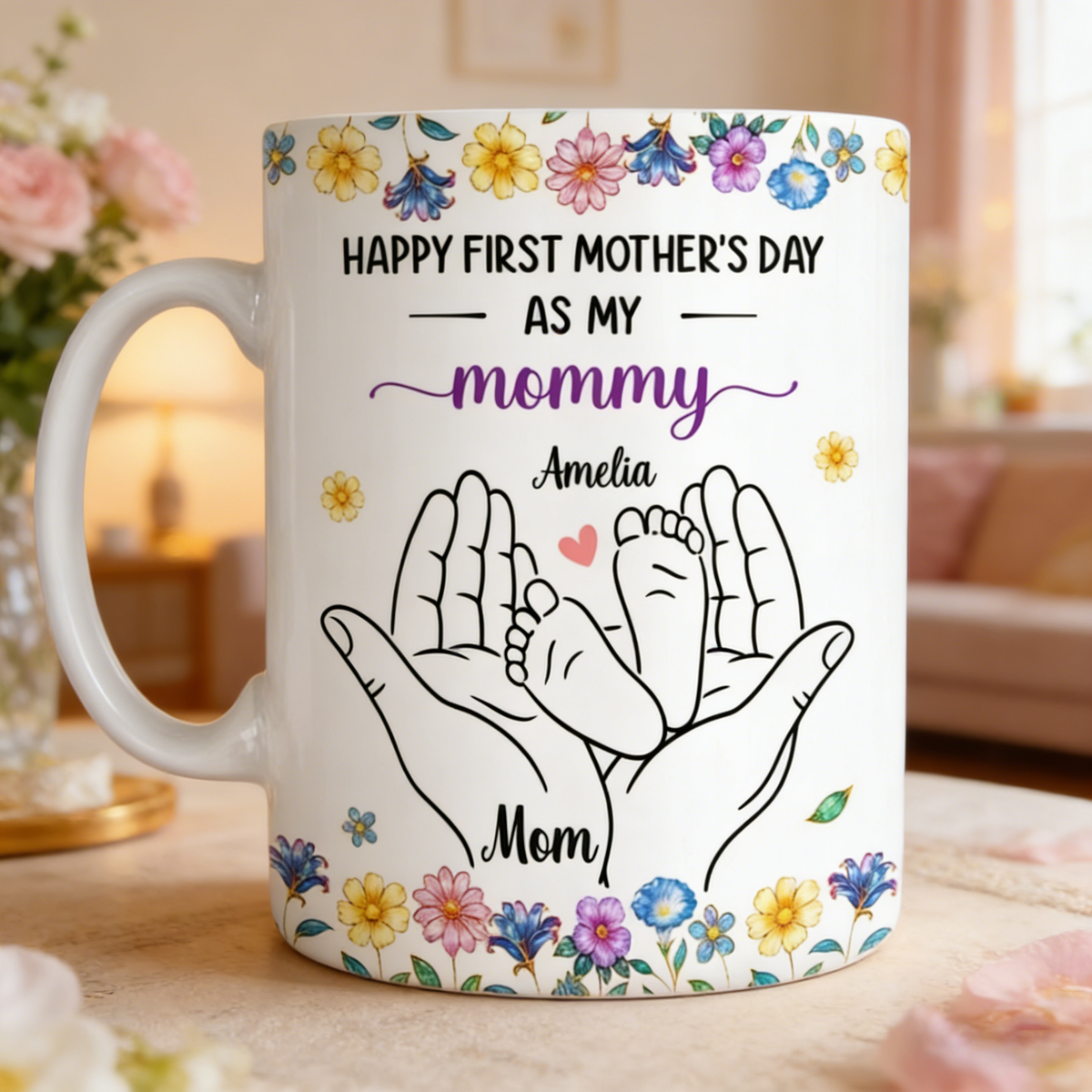 Personalized Hand-Drawn Baby Feet Ceramic Mug With Names - First Mother's Day Gift For Daughter & Wife