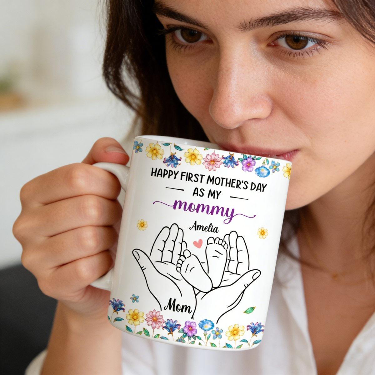 Personalized Hand-Drawn Baby Feet Ceramic Mug With Names - First Mother's Day Gift For Daughter & Wife