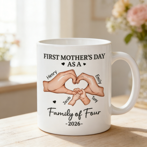 Personalized Ceramic Mug With Family Names & Heart Hands - First Mother's Day Gift For New Mom