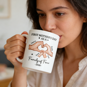 Personalized Ceramic Mug With Family Names & Heart Hands - First Mother's Day Gift For New Mom