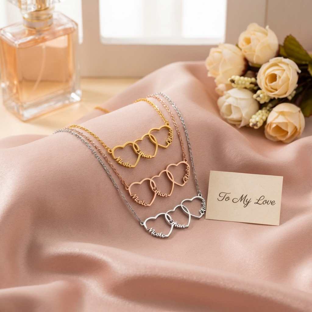 Personalized Interlocking Heart Name Necklace – Perfect Gift for Mom Girlfriend Grandma