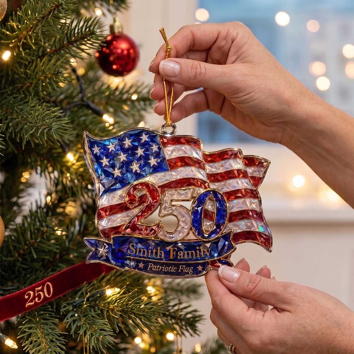 Personalized US Flag Shaped Acrylic Ornament | USA 250th Anniversary Christmas Patriotic Decor