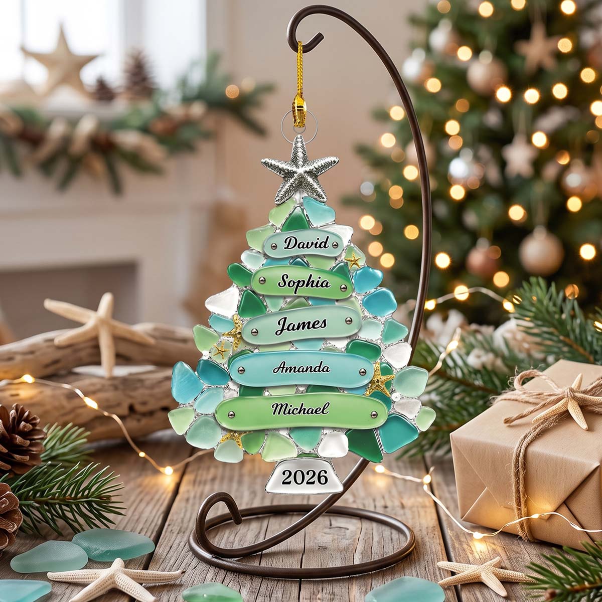 Personalized Sea Glass Style Family Tree Acrylic Ornament 2026 | Coastal Christmas Family Keepsake