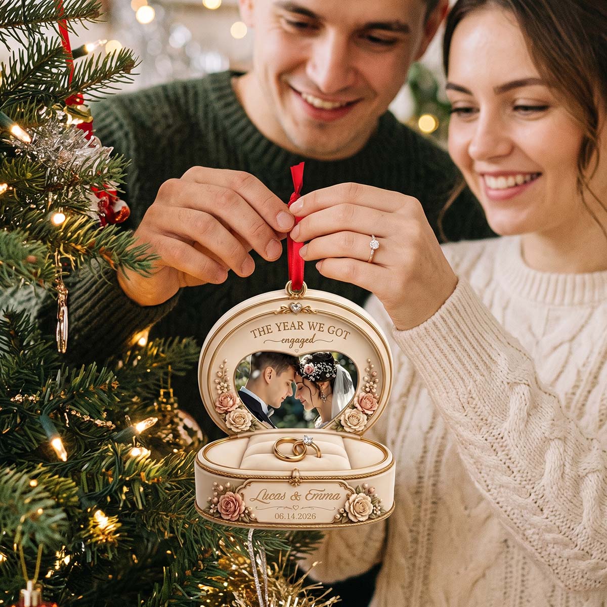 Personalized Engagement Ring Box Acrylic Ornament - Newly Engaged Christmas Tree Gift For Fiancé Fiancée