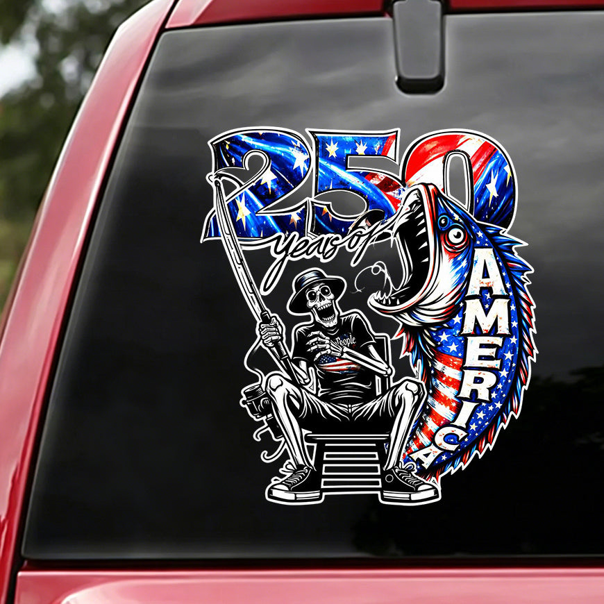 Skeleton Bass Fishing 250 Years Car Window Decal - Creative 4th Of July 2026 Gift