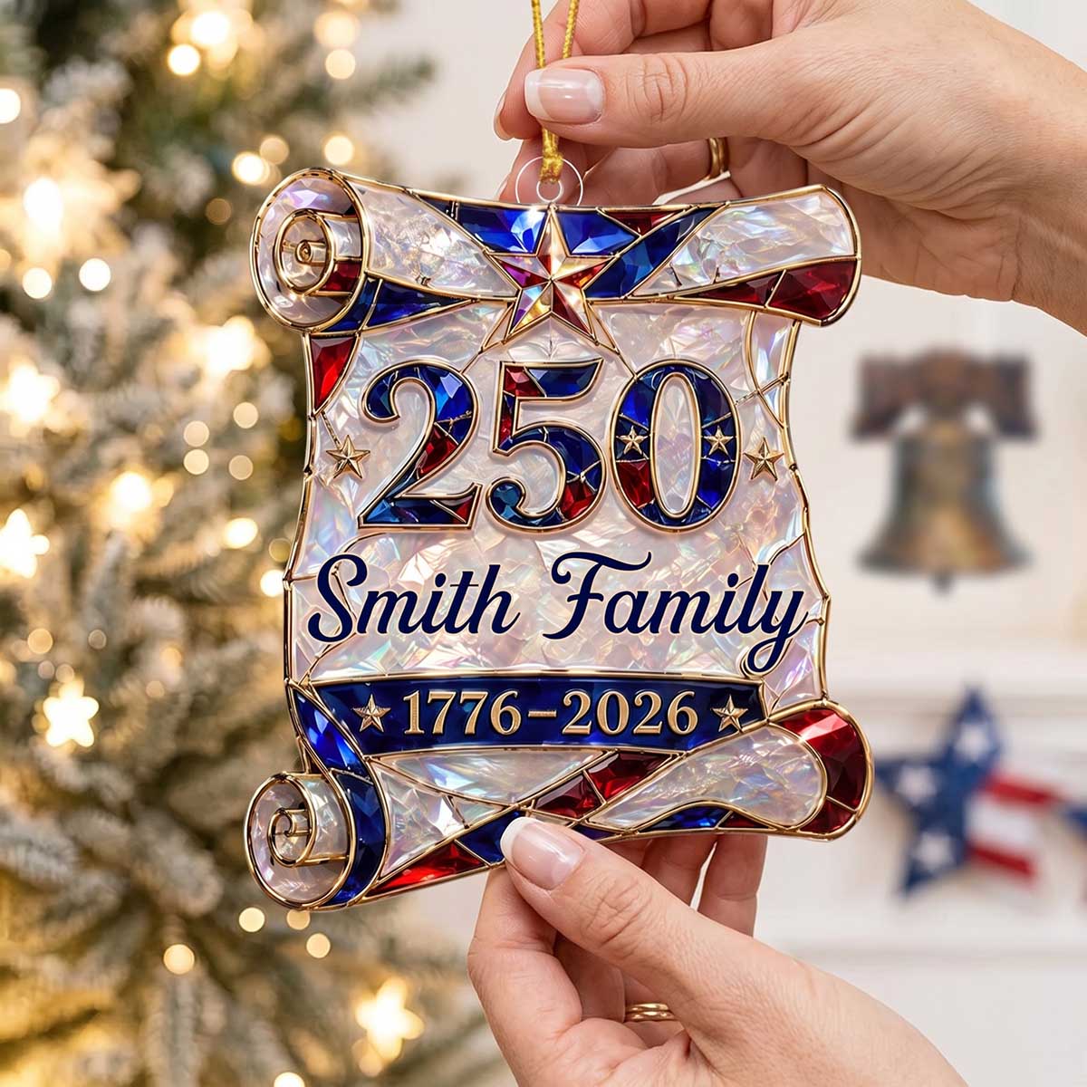 Personalized 1776–2026 Hologram Scroll Acrylic Ornament | American Family Christmas Commemorative Gift