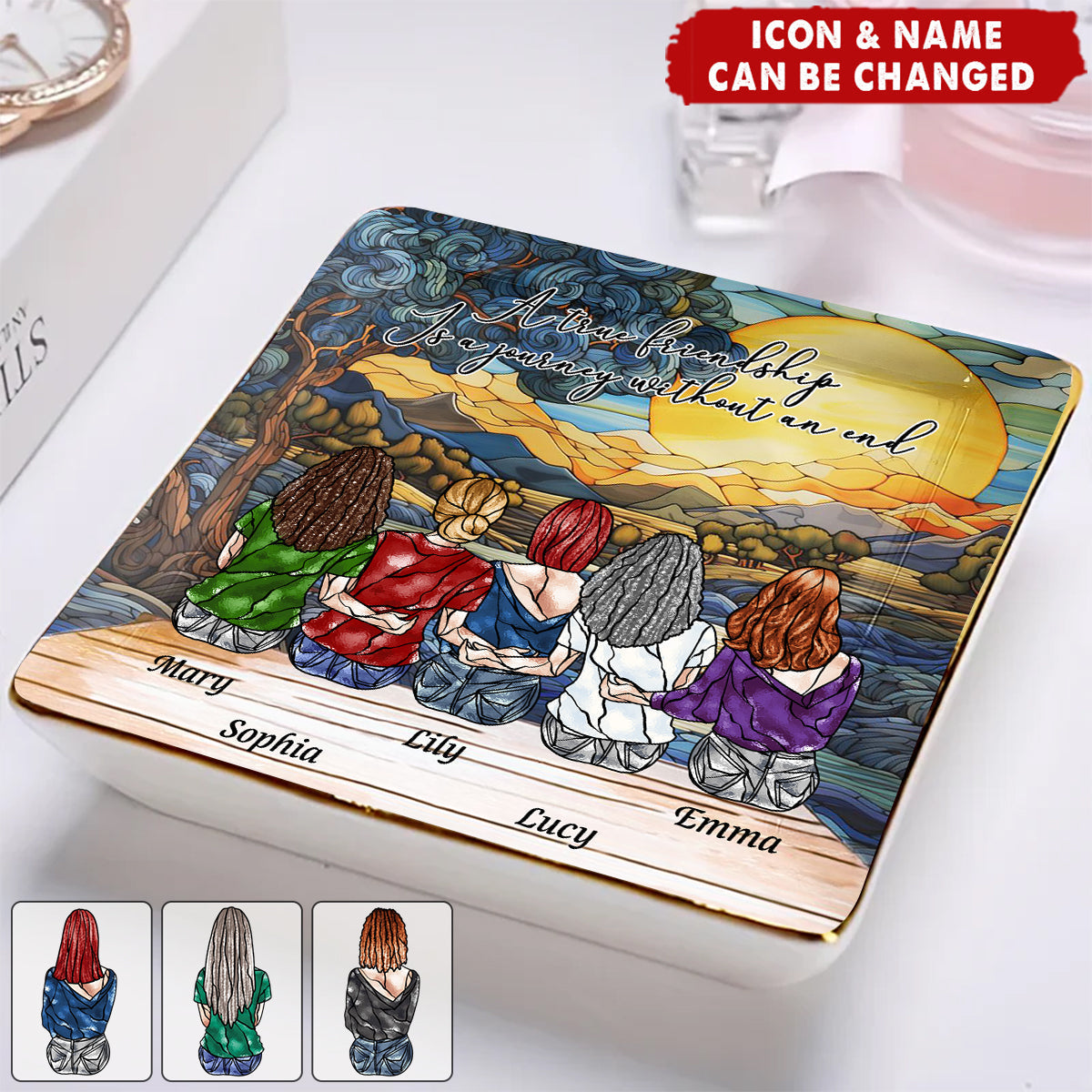 Personalized Friendship Jewelry Dish - A True Friendship Is A Journey Without An End Stained Glass Style | Custom Best Friend Gift For Girls