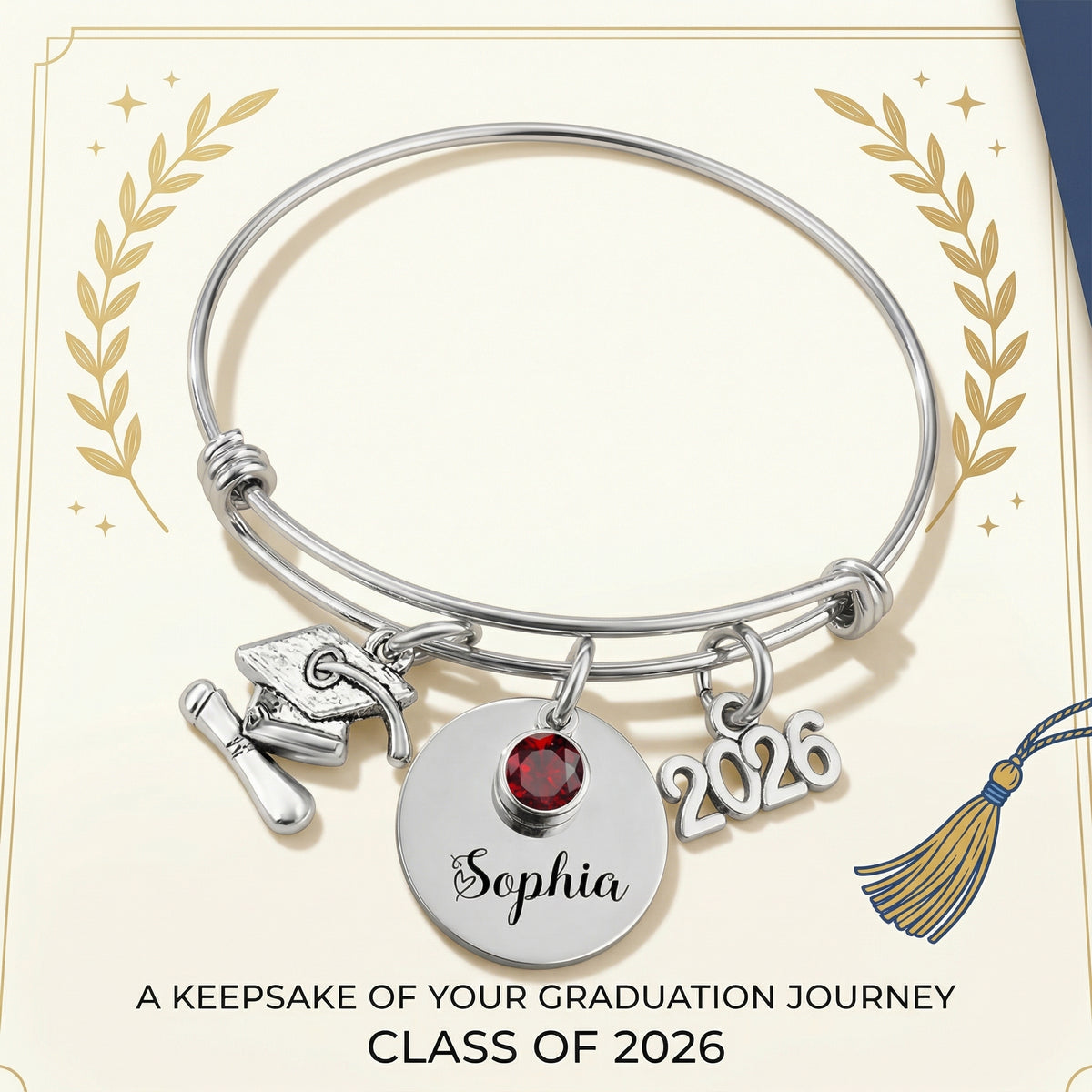 Personalized Graduation Bracelet - Stainless Steel Bangle With Birthstone and Year charm Gift For Her