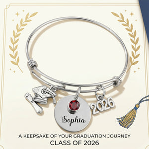 Personalized Graduation Bracelet - Stainless Steel Bangle With Birthstone and Year charm Gift For Her