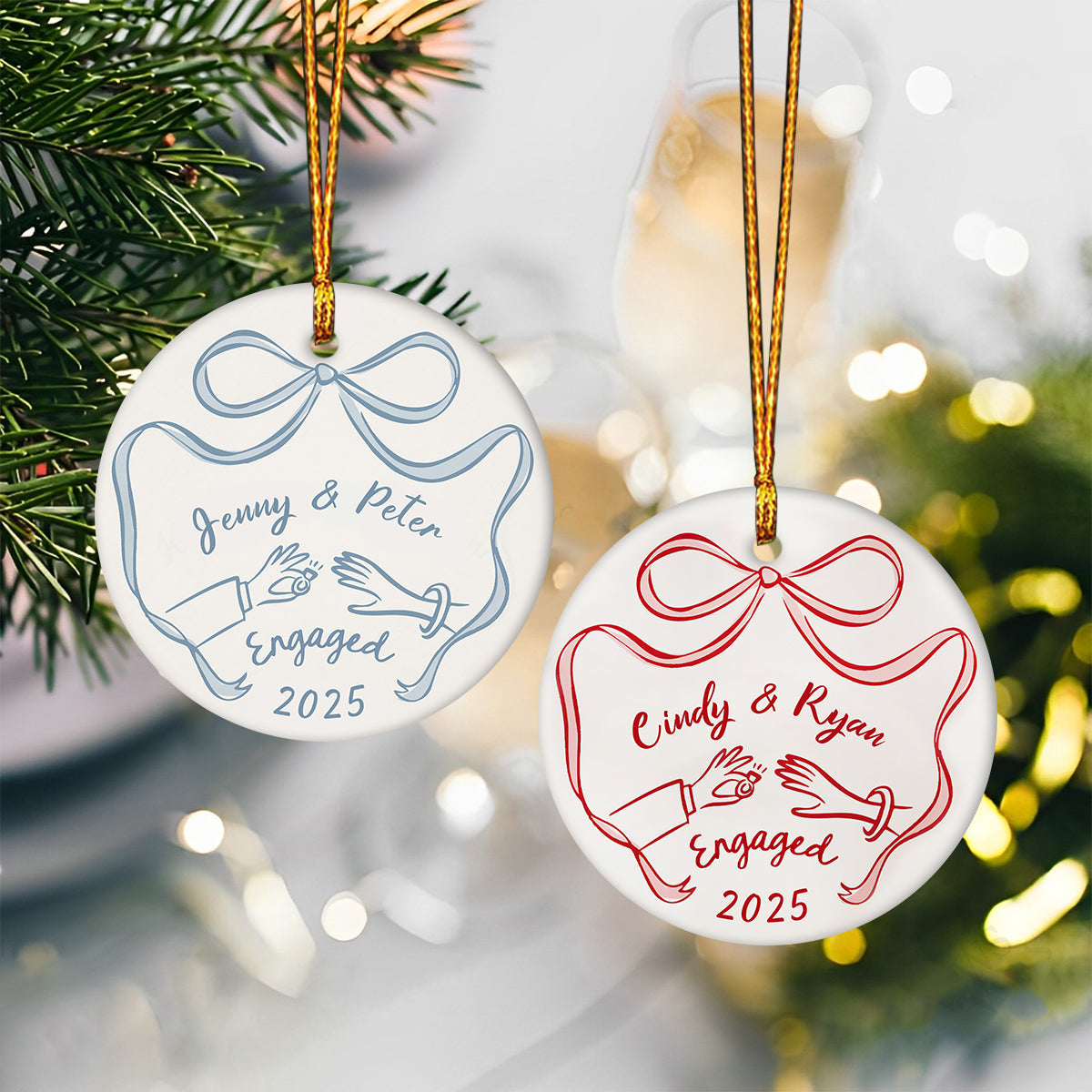 Personalized First Christmas Engaged Ornament | Custom Ceramic Engagement Gift For Couples & Fiancés For Christmas Anniversary