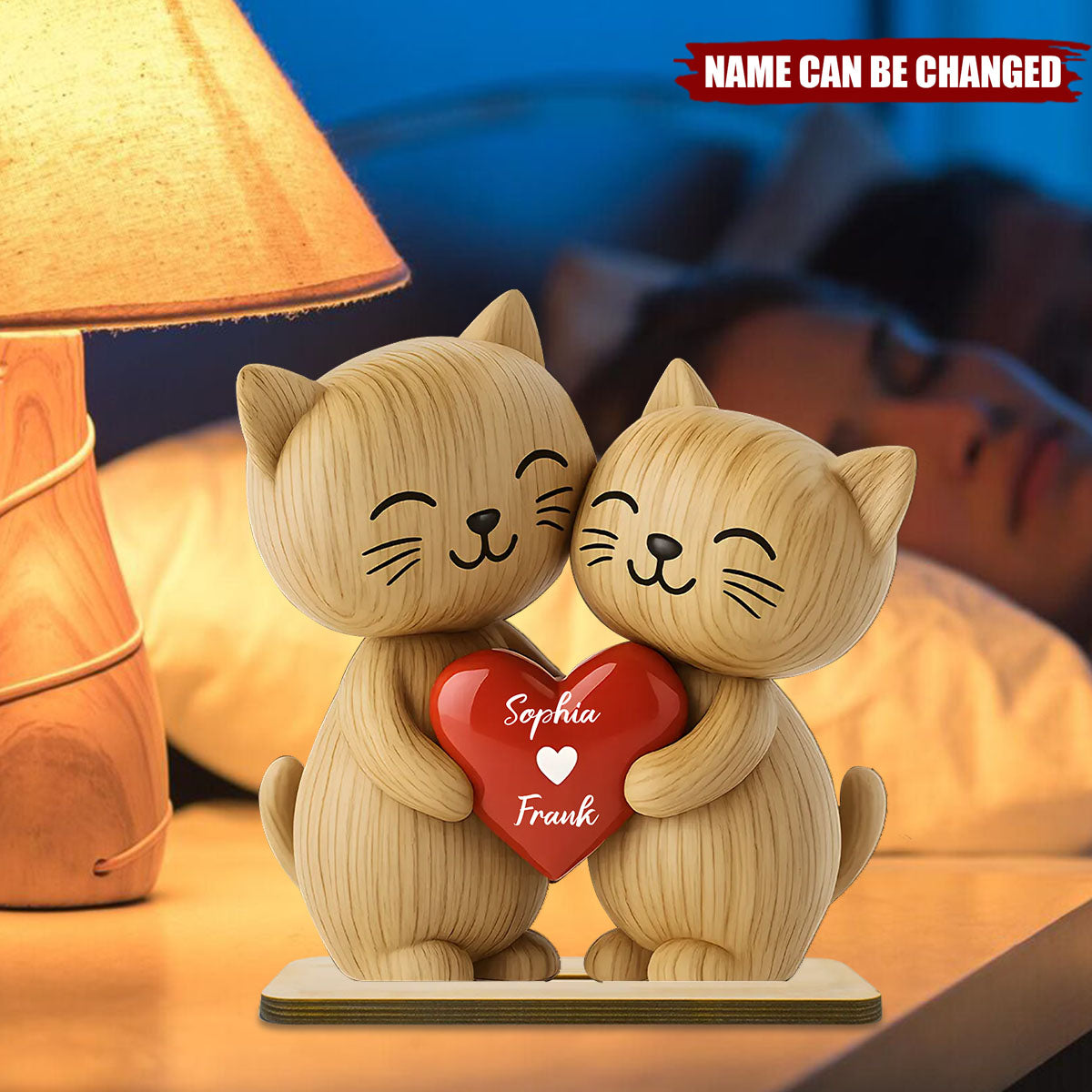 3D Cat Couple Love Personalized Standing Wooden Plaque - Customized Name, Wooden Materials, Perfect for Love Gift & Keepsake, Anniversary