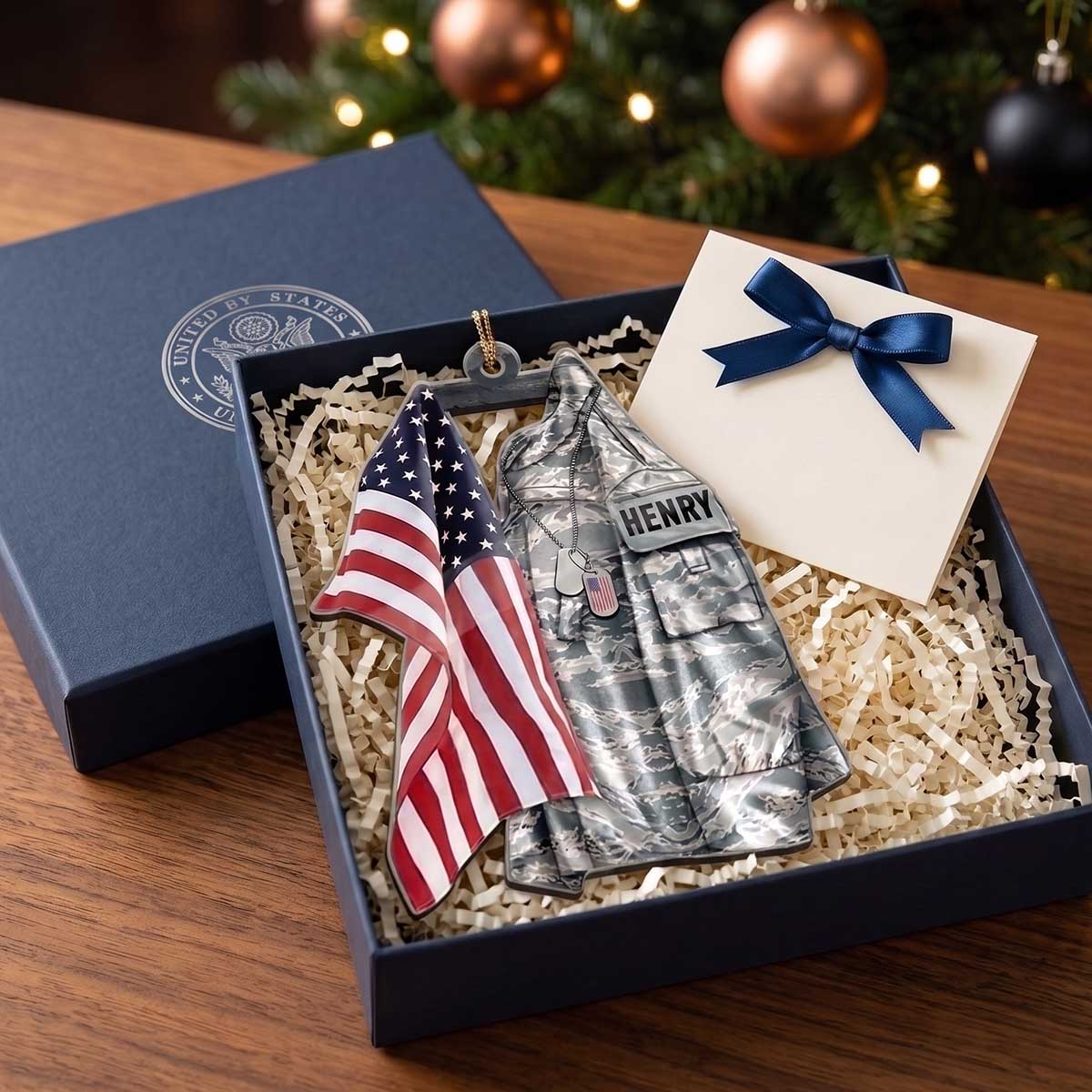 Personalized Military Uniform American Flag Acrylic Ornament | Gift For Veteran Soldier Military Family