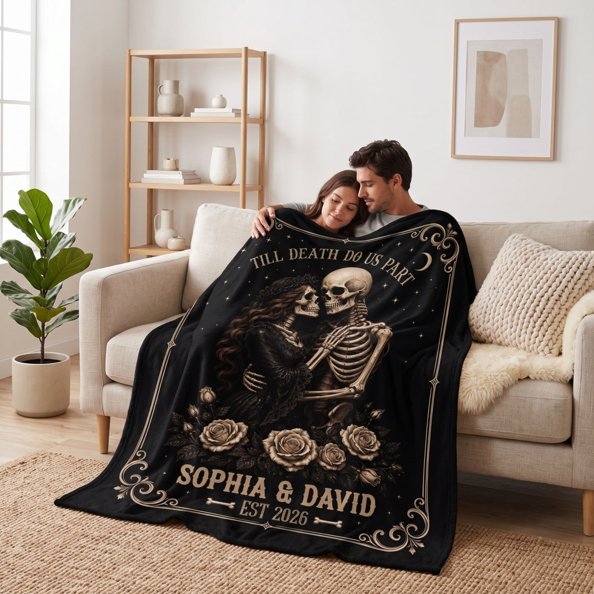 Personalized Spooky Gothic Skeleton Couple Blanket - Till Death Do Us Part - Halloween Gift