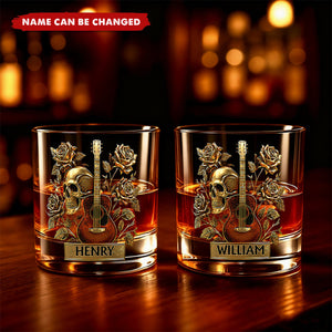 Personalized Guitar Whiskey Glass With Name | Guitar & Skull & Roses | Unique Xmas Gift For Musician Husband Men