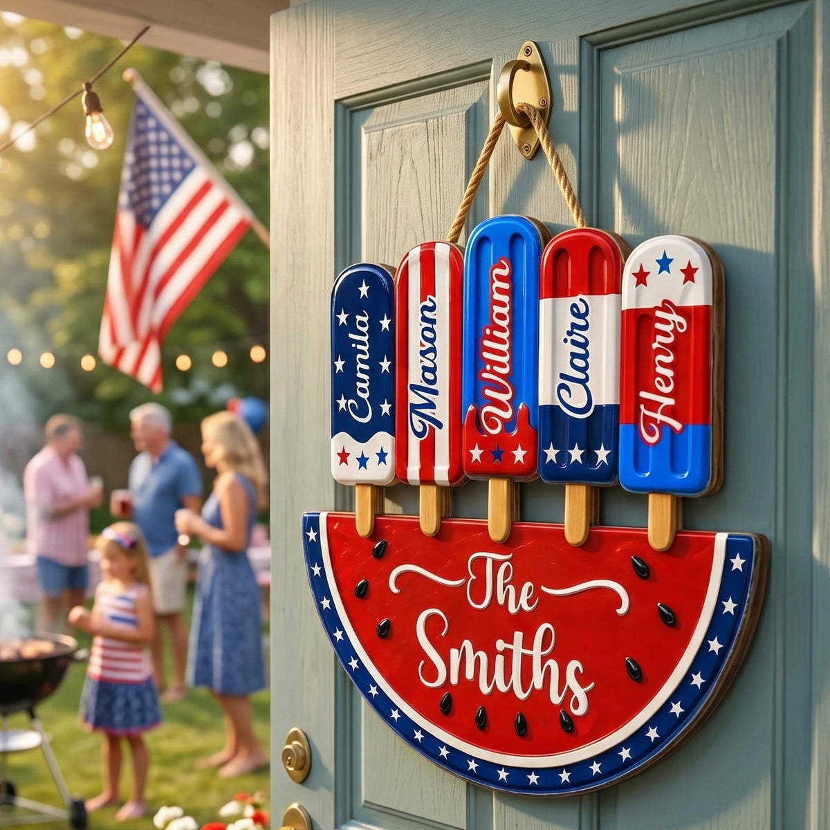 Personalized Patriotic Watermelon Wooden Sign With 1-6 Names -  4th Of July Family Summer Decor