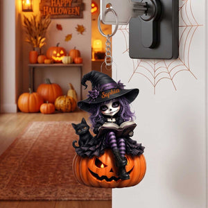Personalized Skeleton Little Witch Acrylic Keychain | Unique Halloween Gift For Girls