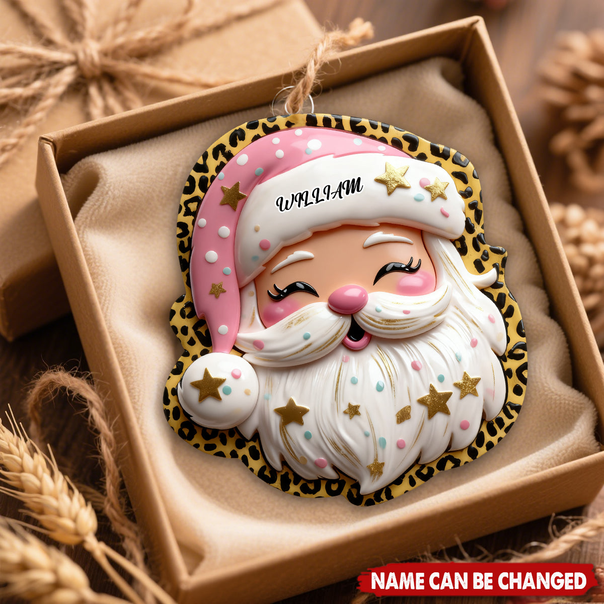 Personalized Cute Pink Leopard Preppy Santa Ornament With Name Exclusive Christmas Magic For Him For Her