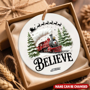 Personalized Believe North Pole Train Ceramic Ornament With Name & Elk Santa Claus Silhouette Christmas Decoration For Family