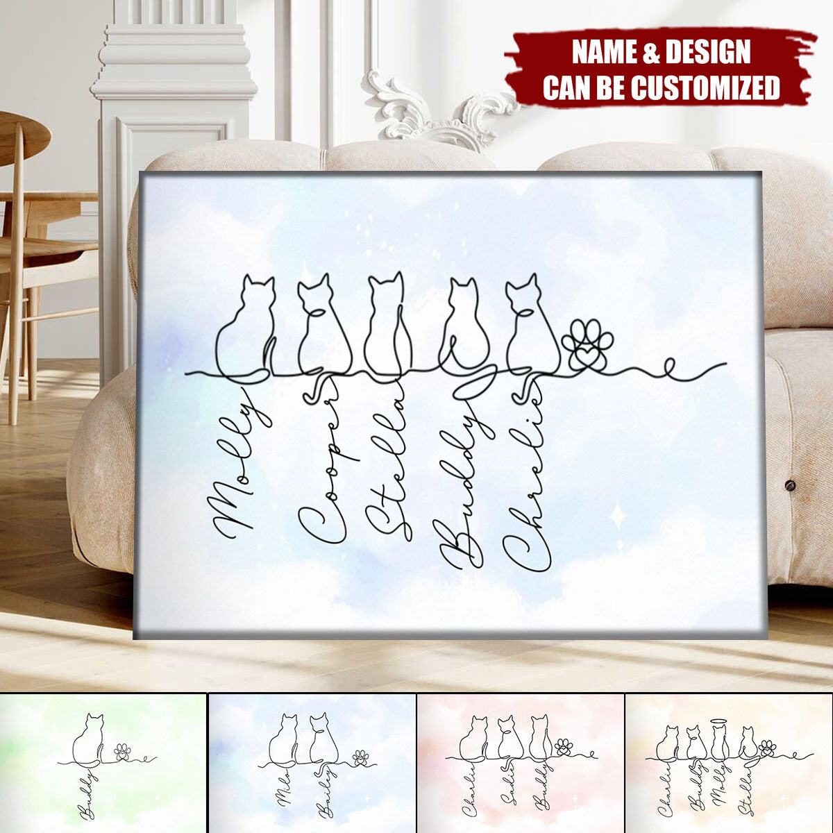Personalized Cat Line Art Poster - Custom Pet Names | Multi-Cat Minimalist Art | Unique Cat Lover Gift & Pet Memorial