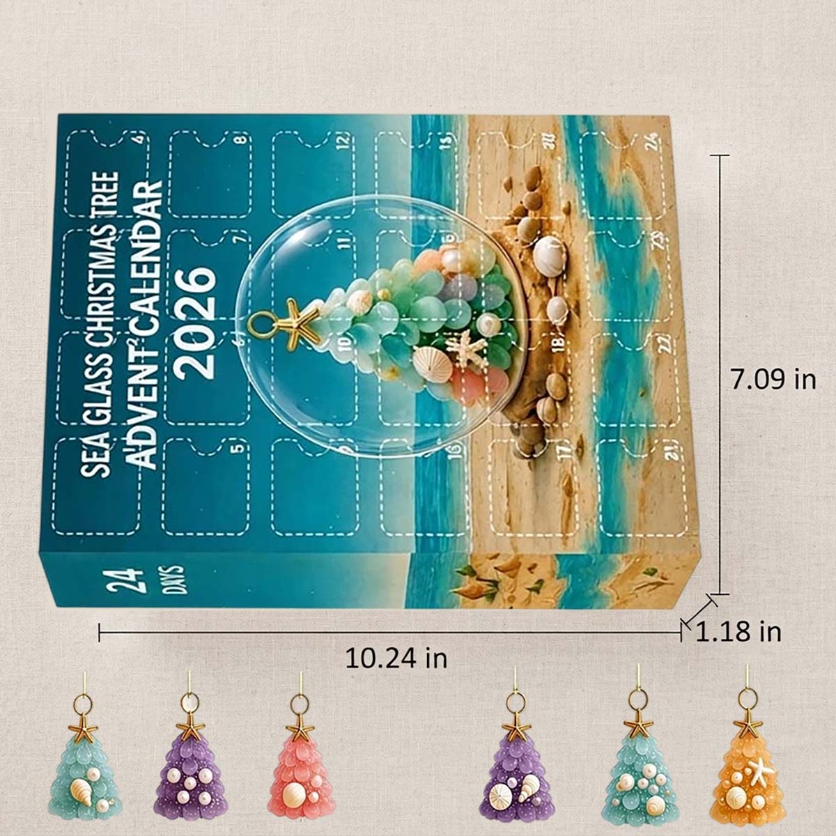 2D Sea Glass Christmas Tree Advent Calendar - 24 Days Coastal Shell Ornament Countdown Set