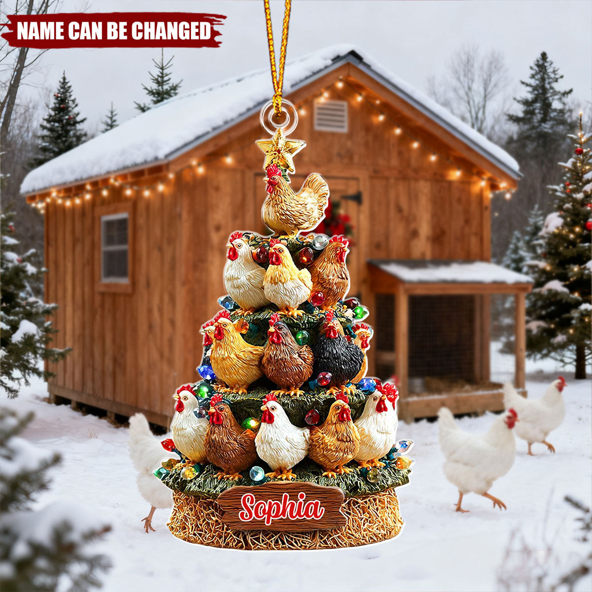 Personalized Chicken Christmas Tree Ornament With Name | Rustic Coop Farm Decor | Gift For Chicken Lovers & Farmers