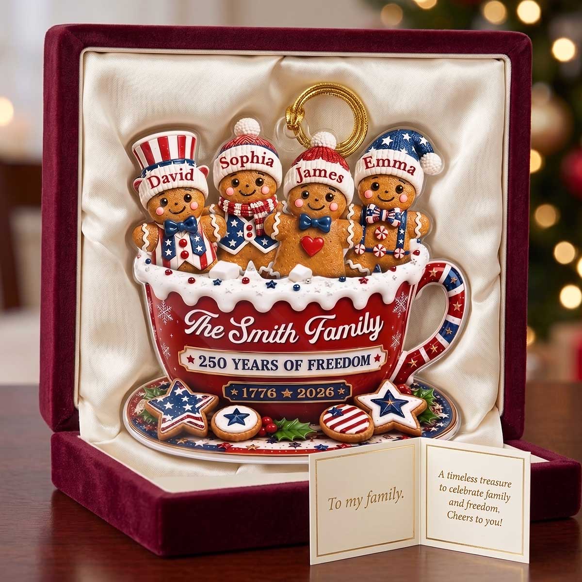 Personalized USA 250th Anniversary Gingerbread Family Cup Acrylic Ornament | Christmas Gifts For Family