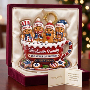 Personalized USA 250th Anniversary Gingerbread Family Cup Acrylic Ornament | Christmas Gifts For Family
