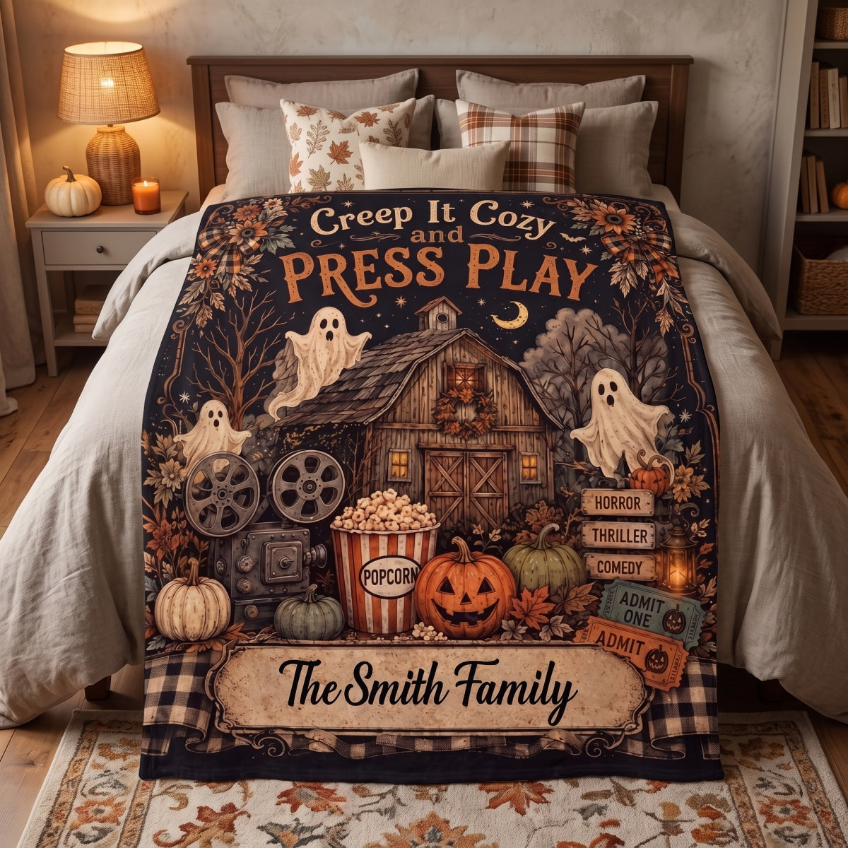 Personalized Halloween Movie Blanket - Haunted House Ghost Pumpkin Movie Night Decor - Family Gift